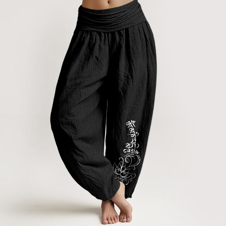 Buddha Stones Pure Cotton Simple Om Mani Padme Hum Lotus Pattern Women's Elastic Waist Harem Pants - Black - US16，UK/AU20，EU48 (3XL) - image 0