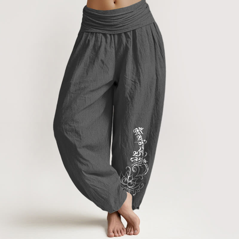 Buddha Stones Pure Cotton Simple Om Mani Padme Hum Lotus Pattern Women's Elastic Waist Harem Pants - DimGray - US16，UK/AU20，EU48 (3XL) - image 8