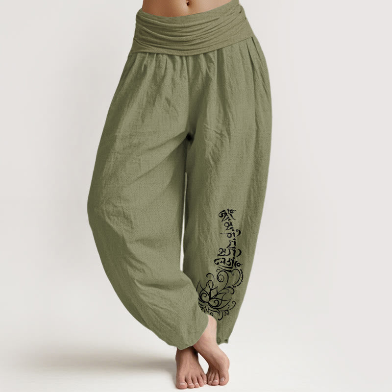 Buddha Stones Pure Cotton Simple Om Mani Padme Hum Lotus Pattern Women's Elastic Waist Harem Pants - OliveDrab - US16，UK/AU20，EU48 (3XL) - image 14
