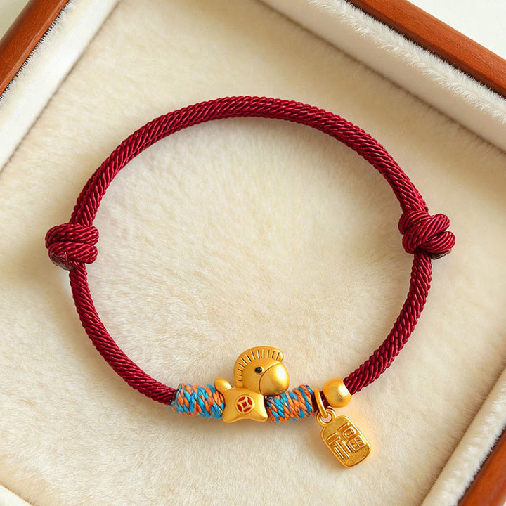 Buddha Stones 999 Sterling Silver Year of the Horse Fu Character Charm Braided String Faith Bracelet - Red Rope Gold Horse(Wrist Circumference: 15-18cm) - image 0