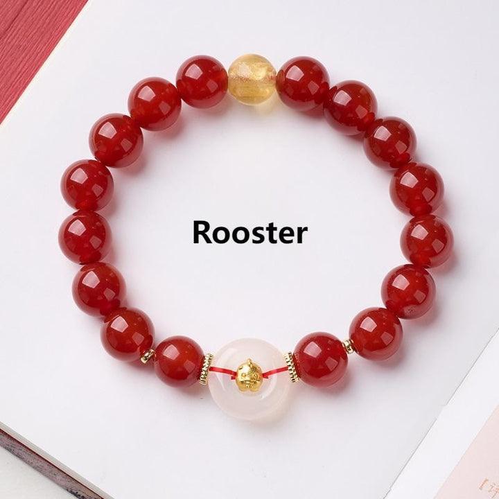 Buddha Stones Chinese Zodiac Year Of The Horse Peace Buckle Red Agate White Chalcedony Confidence Bracelet - Rooster - image 26