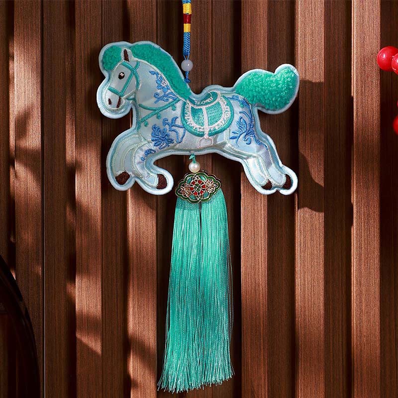 Buddha Stones Year Of The Horse Embroidery Bell Tassel Hanging Decoration - Blue Horse Tassel(10*13cm) - image 14