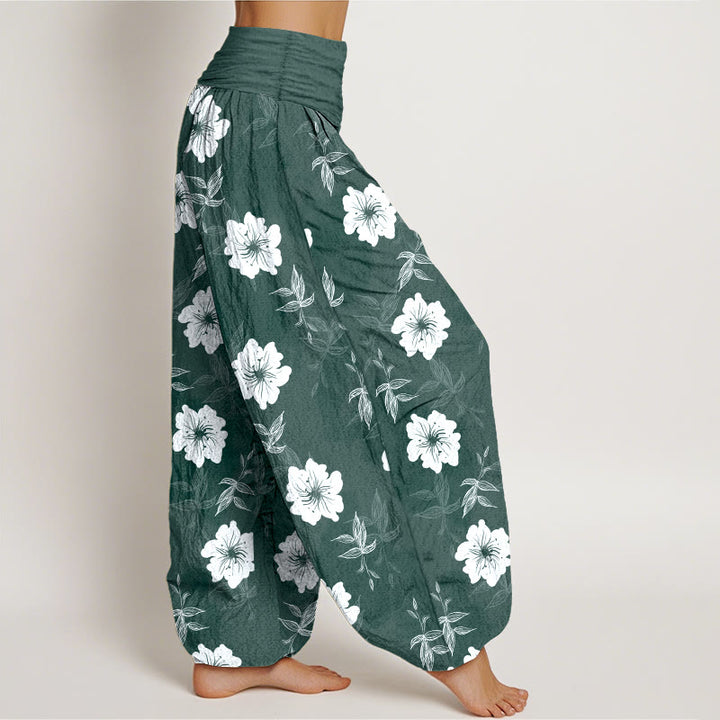 Buddha Stones Pure Cotton White Flowers Grass Women's Elastic Waist Harem Pants - image 10