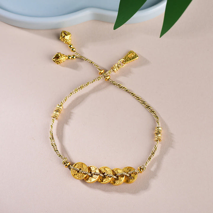 Buddha Stones Five-Emperor Coins Copper Balance Hand-Woven String Bracelet  - Golden Five Emperors Coins(Wrist Circumference: 16-19cm) - image 14