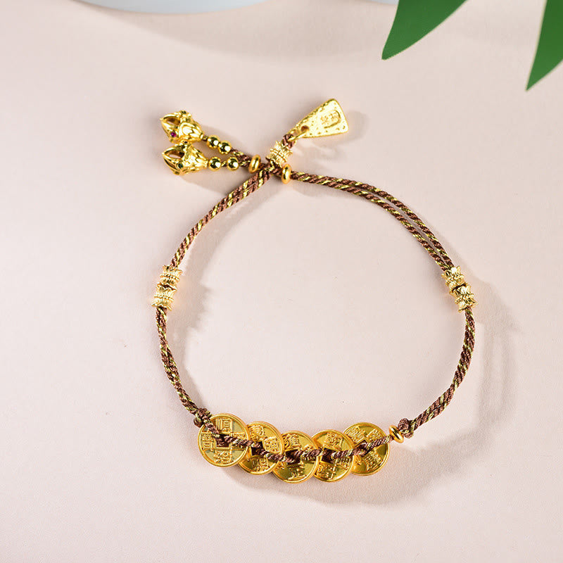 Buddha Stones Five-Emperor Coins Copper Balance Hand-Woven String Bracelet  - Brown Five Emperors Coins(Wrist Circumference: 16-19cm) - image 16
