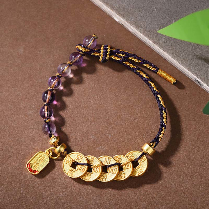 Buddha Stones Five-Emperor Coins Copper Amethyst Cinnabar Black Red String Balance Attract Fortune Bracelet - Copper Amethyst Black Rope(Wrist Circumference: 16-19cm) - image 0