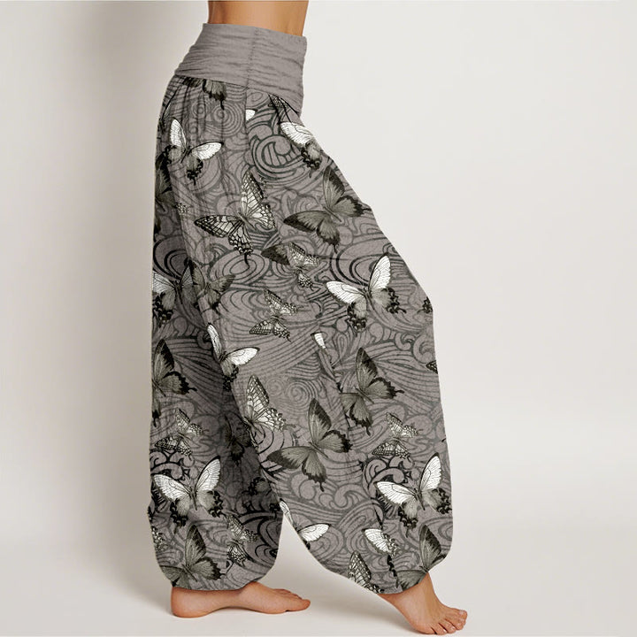 Buddha Stones Pure Cotton Gray Black Butterfly Striped Women's Elastic Waist Harem Pants - image 2