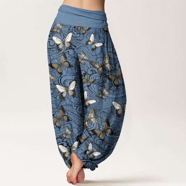 Buddha Stones Pure Cotton Gray Black Butterfly Striped Women's Elastic Waist Harem Pants - image 6
