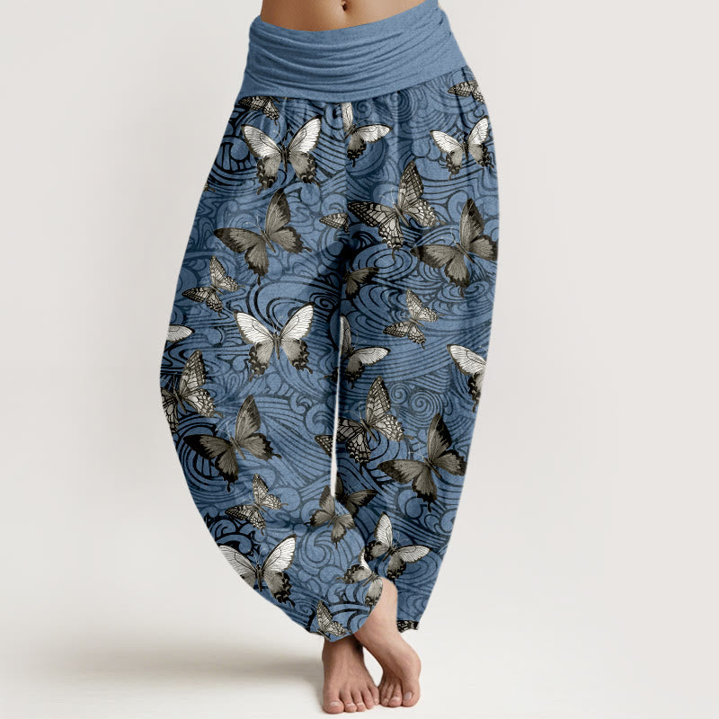 Buddha Stones Pure Cotton Gray Black Butterfly Striped Women's Elastic Waist Harem Pants - CornflowerBlue - US16，UK/AU20，EU48 (3XL) - image 5