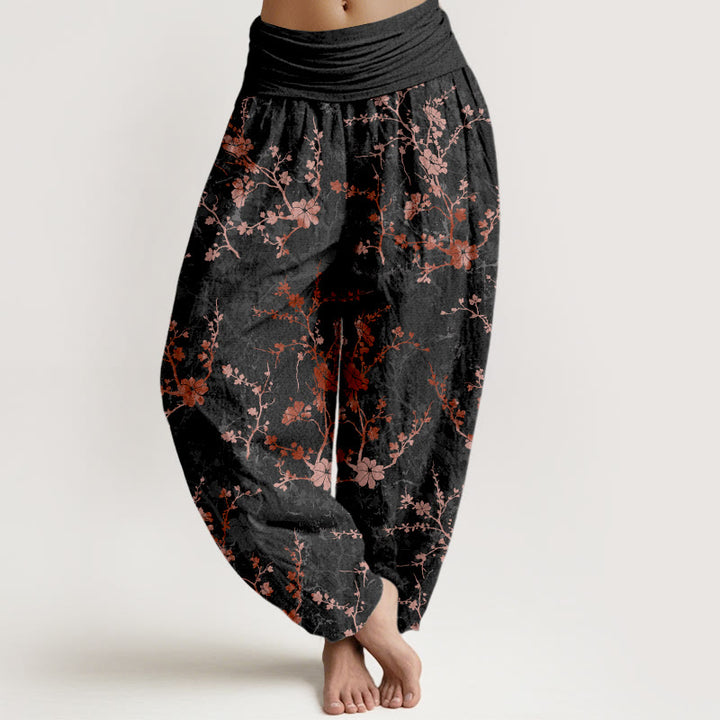 Buddha Stones Pure Cotton Blooming Flowers Branches Leaves Women's Elastic Waist Harem Pants - Black - US16，UK/AU20，EU48 (3XL) - image 5