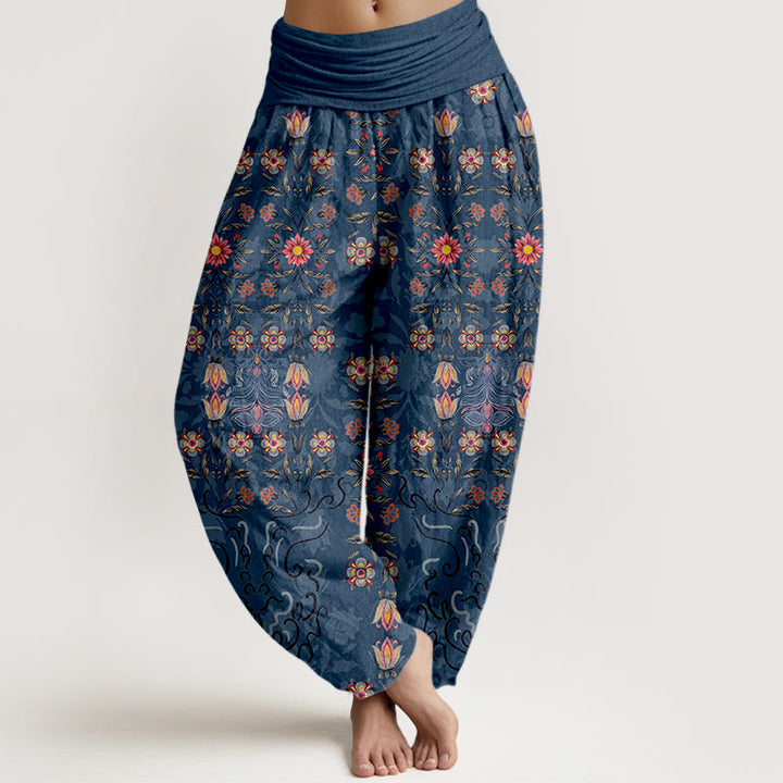 Buddha Stones Pure Cotton Blooming Multicolored Floral Women's Elastic Waist Harem Pants - SteelBlue - US16，UK/AU20，EU48 (3XL) - image 5