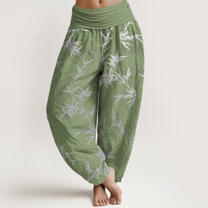 Buddha Stones Pure Cotton White Bamboo Leaves Women's Elastic Waist Harem Pants - LightGreen - US16，UK/AU20，EU48 (3XL) - image 8