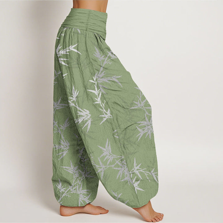 Buddha Stones Pure Cotton White Bamboo Leaves Women's Elastic Waist Harem Pants - image 10