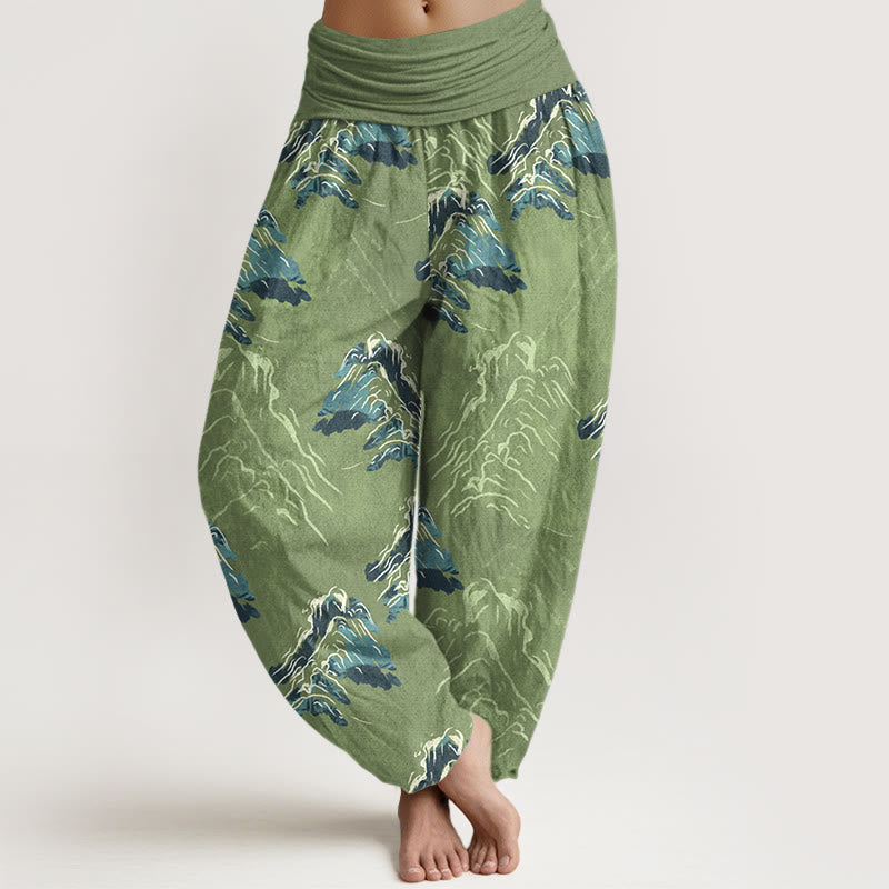Buddha Stones Pure Cotton Vivid Emerald-green Mountains Women's Elastic Waist Harem Pants - LightGreen - US16，UK/AU20，EU48 (3XL) - image 5
