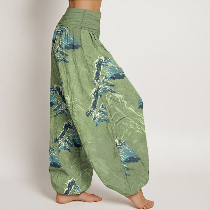 Buddha Stones Pure Cotton Vivid Emerald-green Mountains Women's Elastic Waist Harem Pants - image 7
