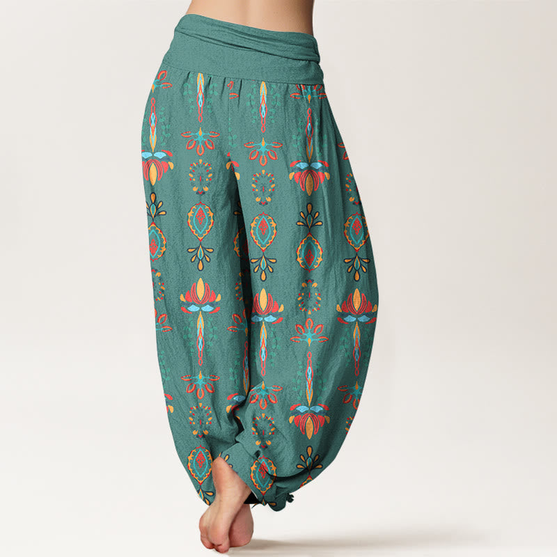 Buddha Stones Pure Cotton Colorful Lotus Flowers Green Leaves Geometric Women's Elastic Waist Harem Pants - image 1
