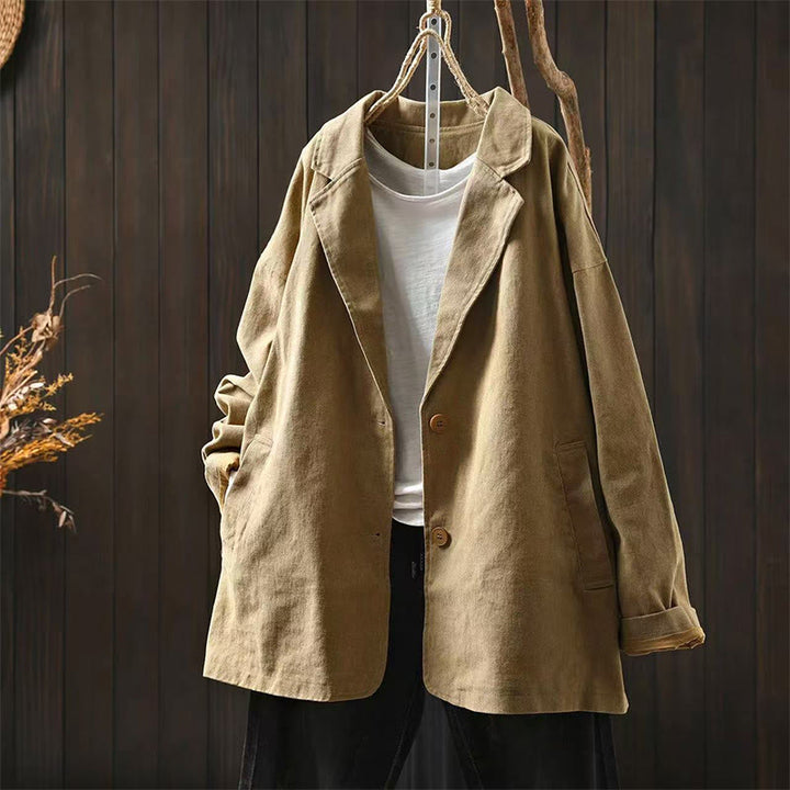 Buddha Stones Spring Fall Buttons Lapel Collar Long Sleeve Mid-length Cotton Women's Jacket With Pockets - Wheat - US4-8/10，UK/AU8-12/14，EU36-40/42 (F) - image 0