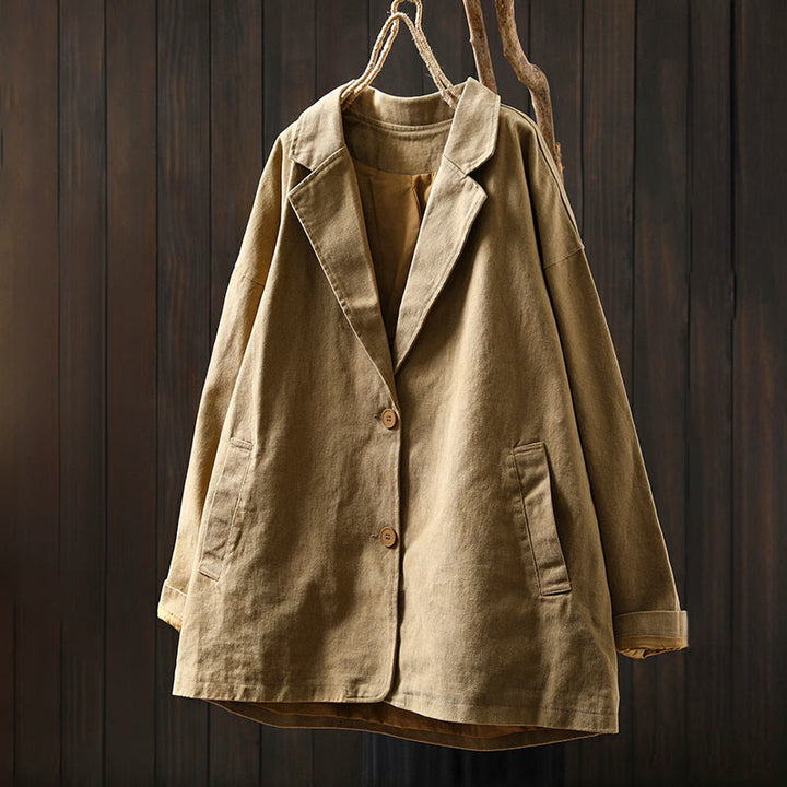 Buddha Stones Spring Fall Buttons Lapel Collar Long Sleeve Mid-length Cotton Women's Jacket With Pockets - image 1