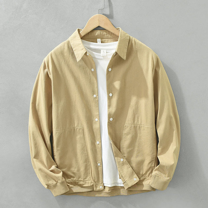 Buddha Stones Simple Solid Color Buttons Down Men's Stand Collar Long Sleeve Cotton Shirt - Khaki - US/UK/AU42，EU52 (3XL) - image 0