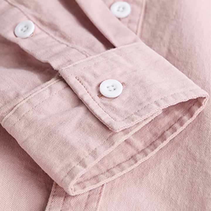 Buddha Stones Solid Buttons Down Decorative Pocket Men's Stand Collar Long Sleeve Cotton Shirt - image 7