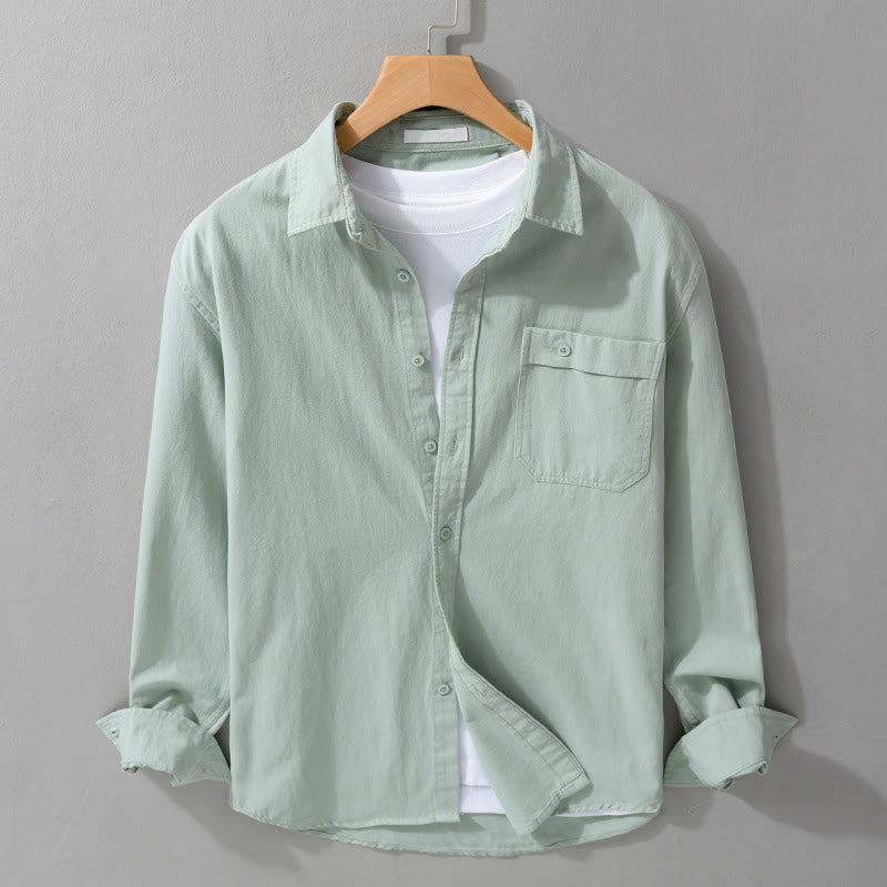 Buddha Stones Casual Solid Buttons Down Decorative Pocket Men's Stand Collar Long Sleeve Cotton Shirt - Honeydew - US/UK/AU42，EU52 (3XL) - image 0