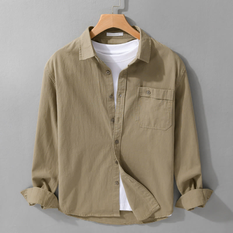 Buddha Stones Casual Solid Buttons Down Decorative Pocket Men's Stand Collar Long Sleeve Cotton Shirt - Tan - US/UK/AU42，EU52 (3XL) - image 10