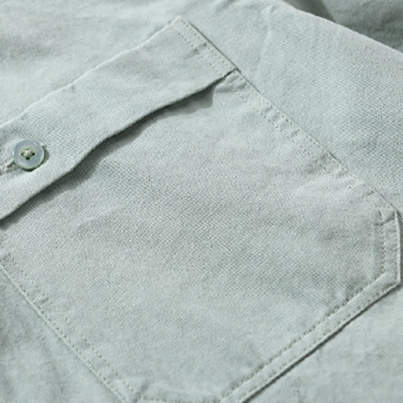 Buddha Stones Casual Solid Buttons Down Decorative Pocket Men's Stand Collar Long Sleeve Cotton Shirt - image 2