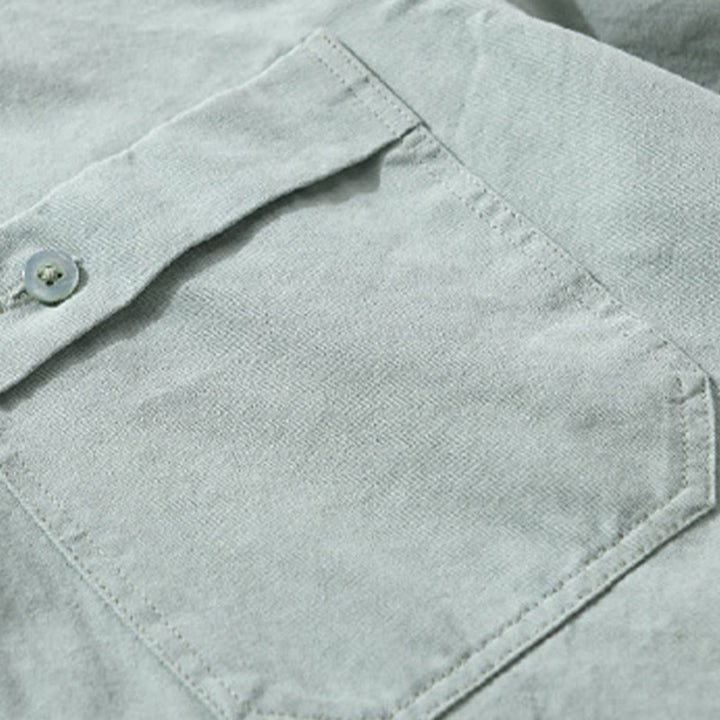 Buddha Stones Casual Solid Buttons Down Decorative Pocket Men's Stand Collar Long Sleeve Cotton Shirt - image 2