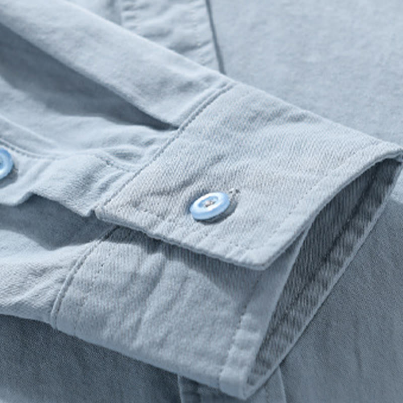 Buddha Stones Casual Solid Buttons Down Decorative Pocket Men's Stand Collar Long Sleeve Cotton Shirt - image 8