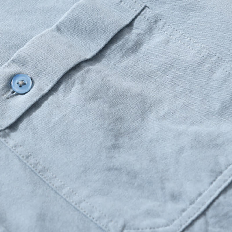 Buddha Stones Casual Solid Buttons Down Decorative Pocket Men's Stand Collar Long Sleeve Cotton Shirt - image 7