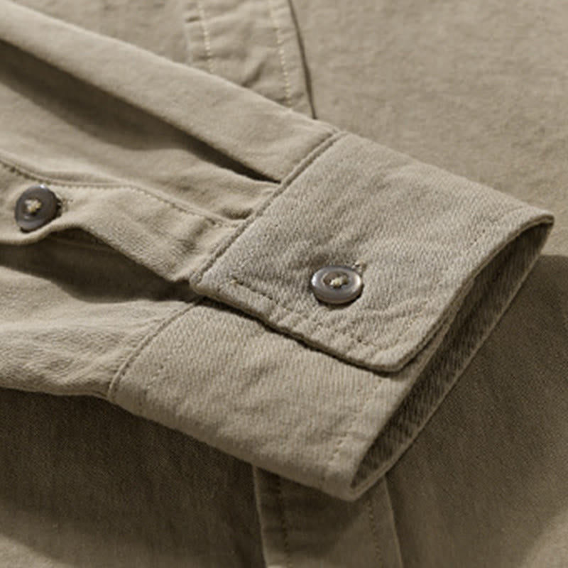 Buddha Stones Casual Solid Buttons Down Decorative Pocket Men's Stand Collar Long Sleeve Cotton Shirt - image 15