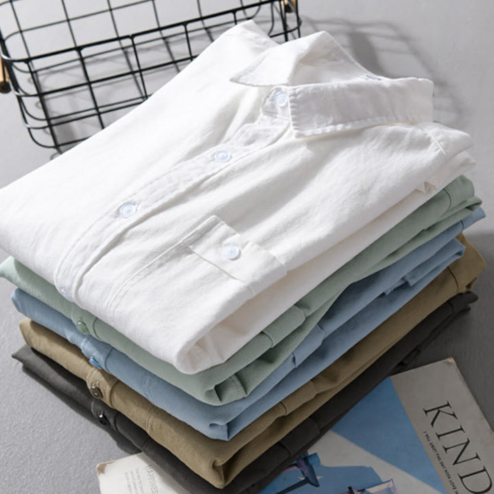 Buddha Stones Casual Solid Buttons Down Decorative Pocket Men's Stand Collar Long Sleeve Cotton Shirt - image 25