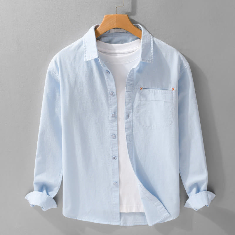 Buddha Stones Spring Solid Buttons Down Decorative Pocket Men's Stand Collar Long Sleeve Cotton Shirt - LightBlue - US/UK/AU42，EU52 (3XL) - image 0