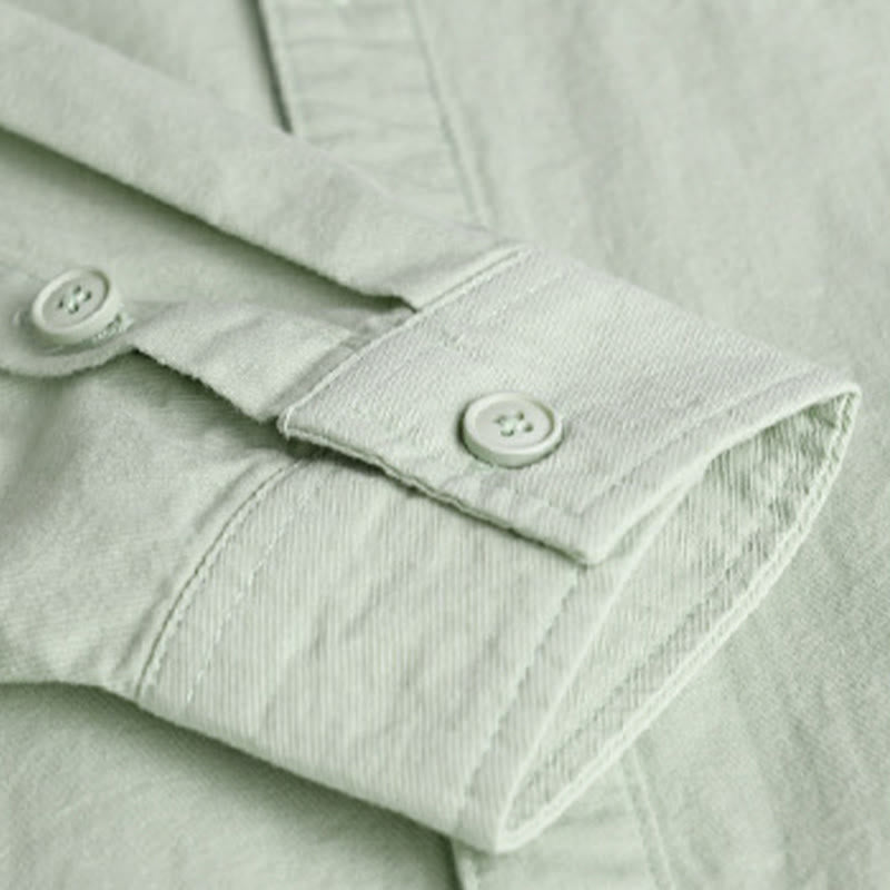 Buddha Stones Spring Solid Buttons Down Decorative Pocket Men's Stand Collar Long Sleeve Cotton Shirt - image 8