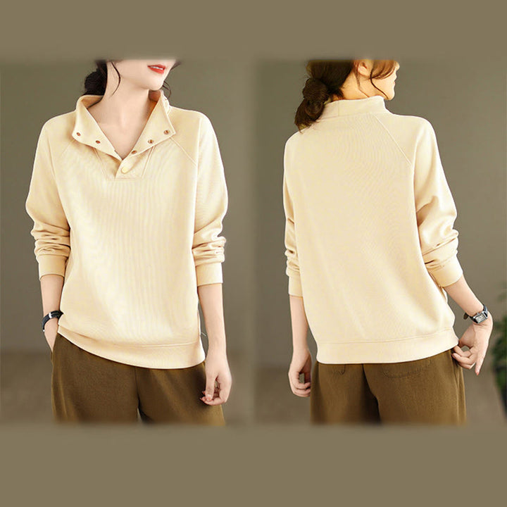 Buddha Stones Fall Solid Stand Collar Buttons Design Long Sleeve Women's Cotton Sweatshirt - image 14