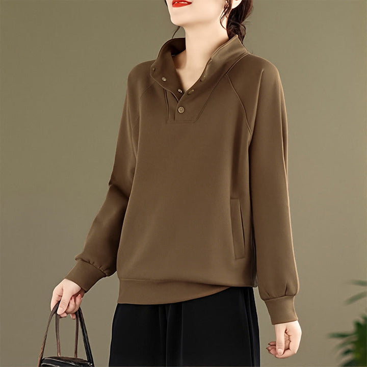 Buddha Stones Fall Solid Stand Collar Buttons Design Long Sleeve Women's Cotton Sweatshirt - image 28