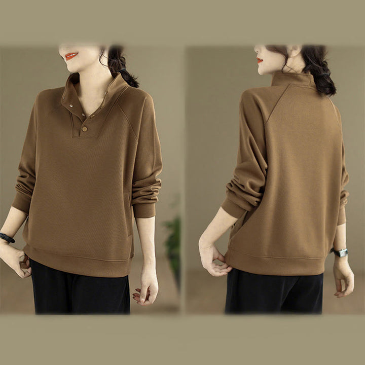 Buddha Stones Fall Solid Stand Collar Buttons Design Long Sleeve Women's Cotton Sweatshirt - image 29