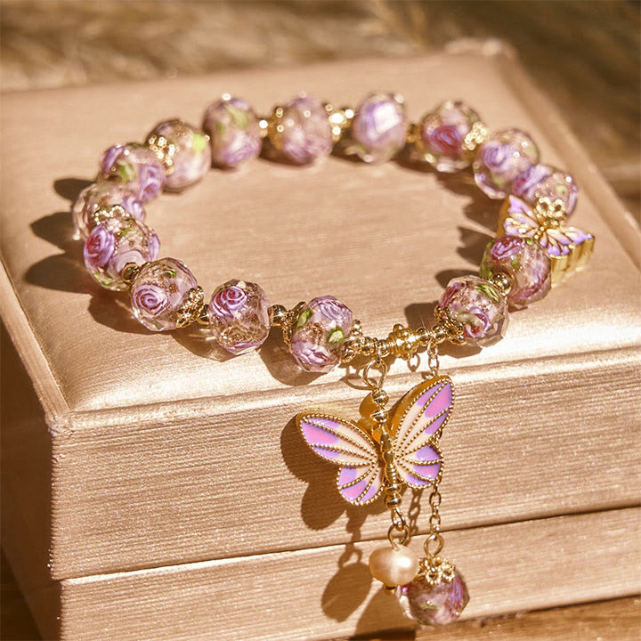 Buddha Stones Double Butterflies Charm Flower Liuli Glass Beaded Love Bracelet - Liuli(Wrist Circumference: 14-16cm) - image 0