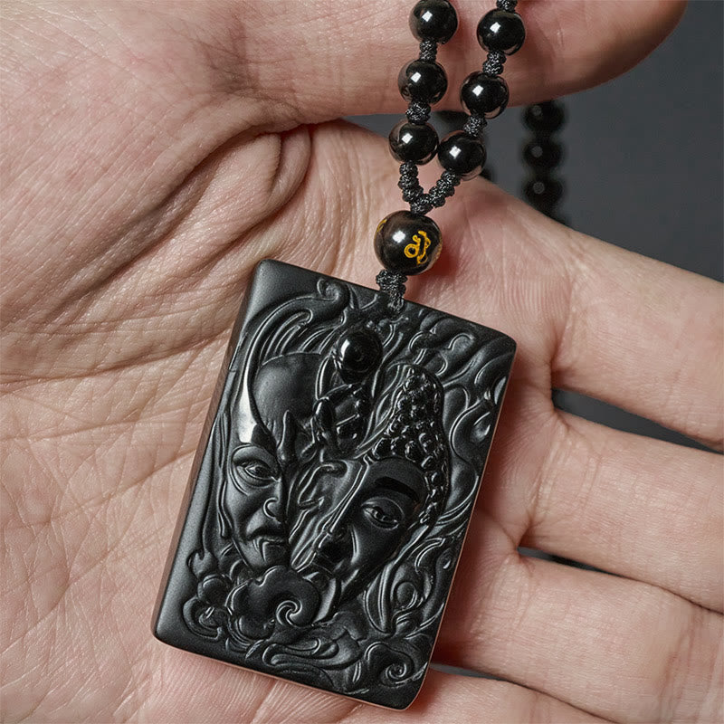 Buddha Stones Half Demon Half Buddha Relief Design Black Obsidian Strength Necklace Pendant - image 2