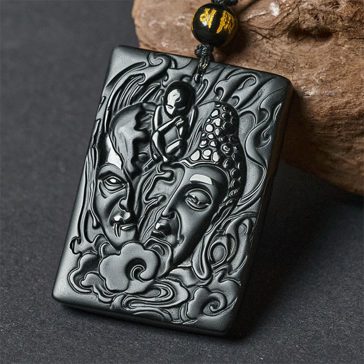Buddha Stones Half Demon Half Buddha Relief Design Black Obsidian Strength Necklace Pendant - image 0