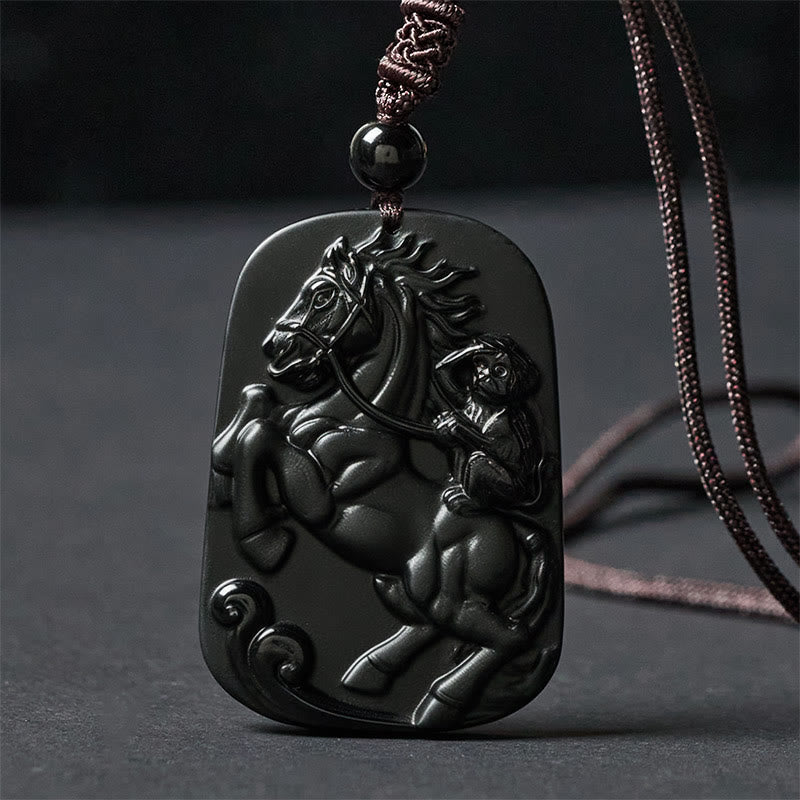 Buddha Stones Year of the Horse Monkey Pattern Om Mani Padme Hum Black Obsidian Strength Necklace Pendant - image 11