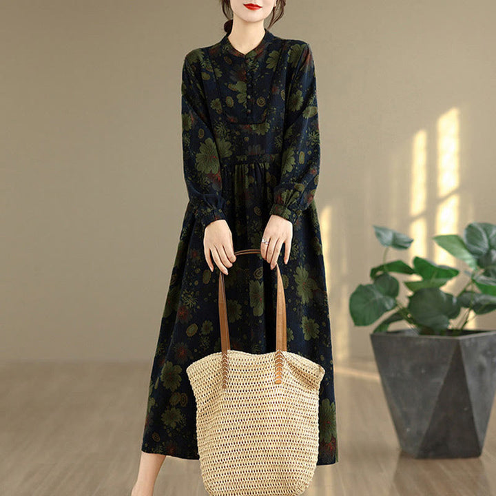 Buddha Stones Flower Pattern Long Sleeve Cotton Midi Dress With Pockets - image 14