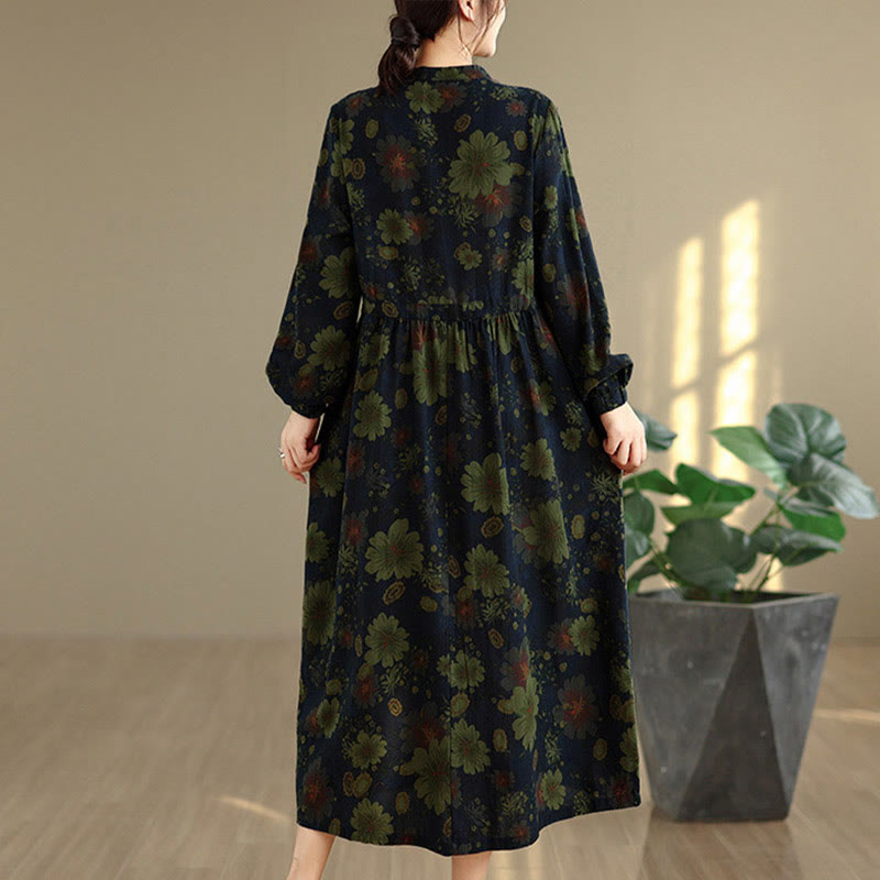 Buddha Stones Flower Pattern Long Sleeve Cotton Midi Dress With Pockets - image 15