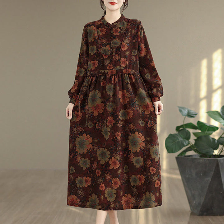Buddha Stones Flower Pattern Long Sleeve Cotton Midi Dress With Pockets - image 2