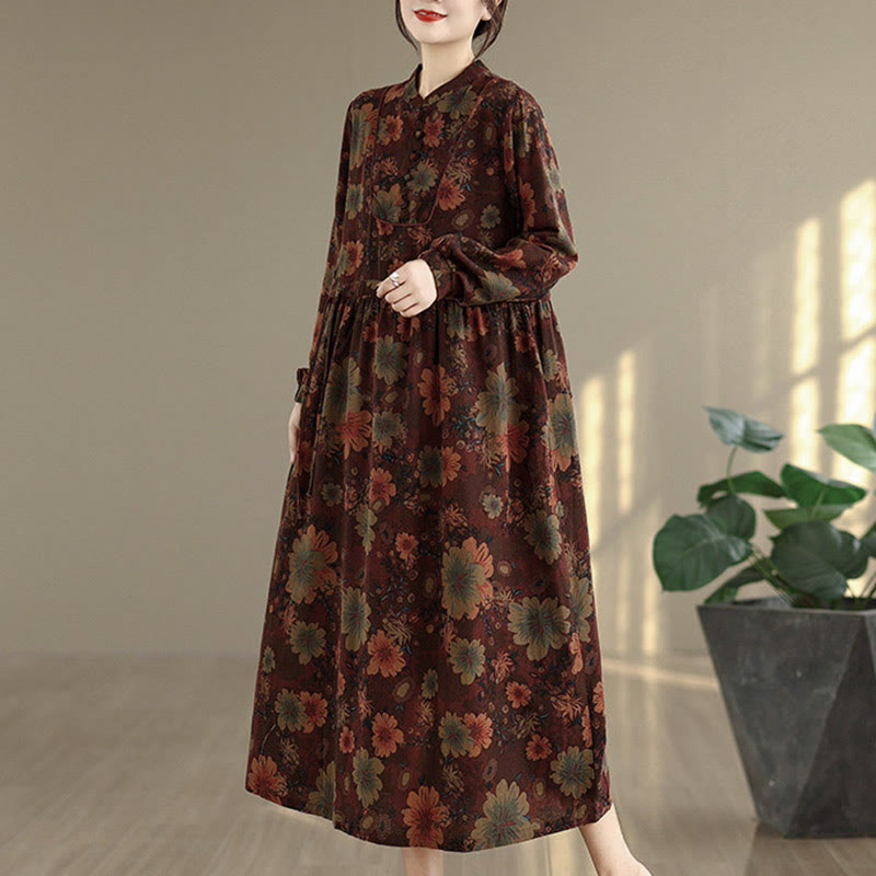 Buddha Stones Flower Pattern Long Sleeve Cotton Midi Dress With Pockets - image 5