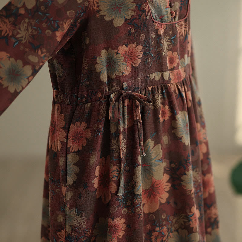 Buddha Stones Flower Pattern Long Sleeve Cotton Midi Dress With Pockets - image 8