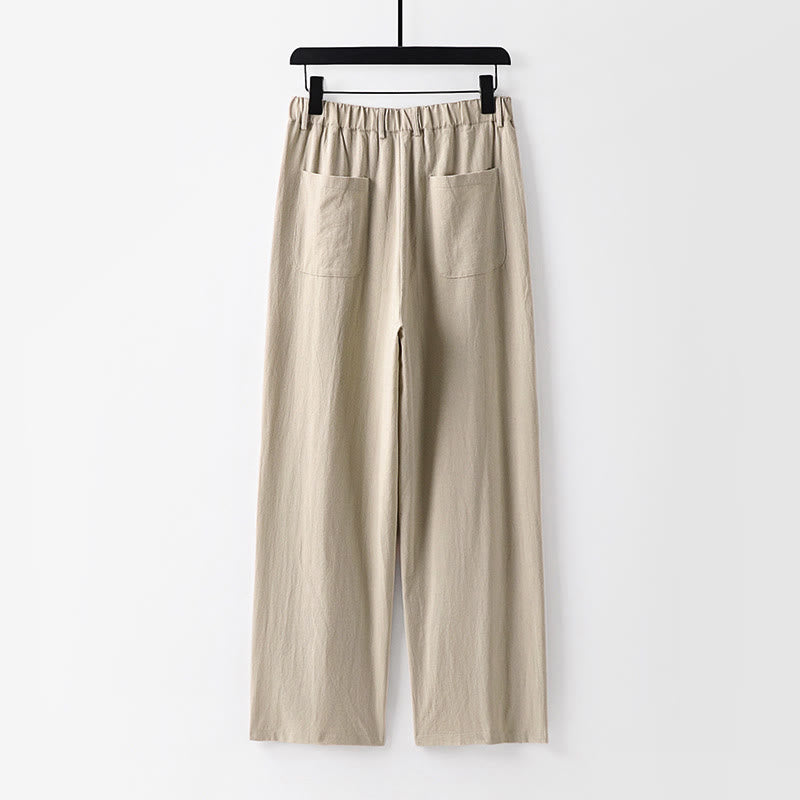 Buddha Stones Spring Fall Plain Straight Leg Men's Cotton Linen Pants With Pockets - image 1