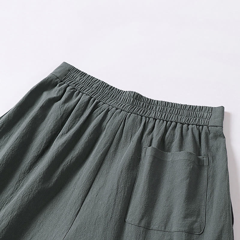 Buddha Stones Plain Straight Leg Zipper Design Men's Cotton Linen Pants With Pockets - image 6