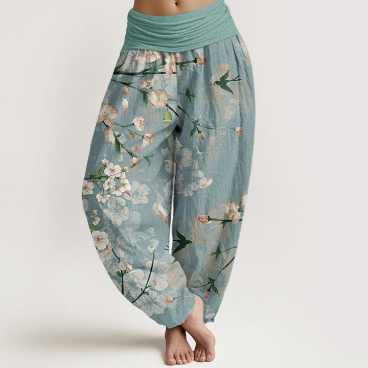 Buddha Stones Pure Cotton Peach Blossoms Flying Geese Pattern Women's Elastic Waist Harem Pants - MediumAquamarine - US22，UK/AU26，EU54 (6XL) - image 0
