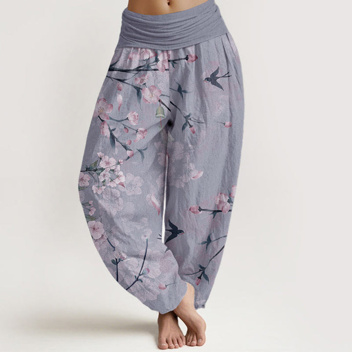 Buddha Stones Pure Cotton Peach Blossoms Flying Geese Pattern Women's Elastic Waist Harem Pants - CornflowerBlue - US22，UK/AU26，EU54 (6XL) - image 8